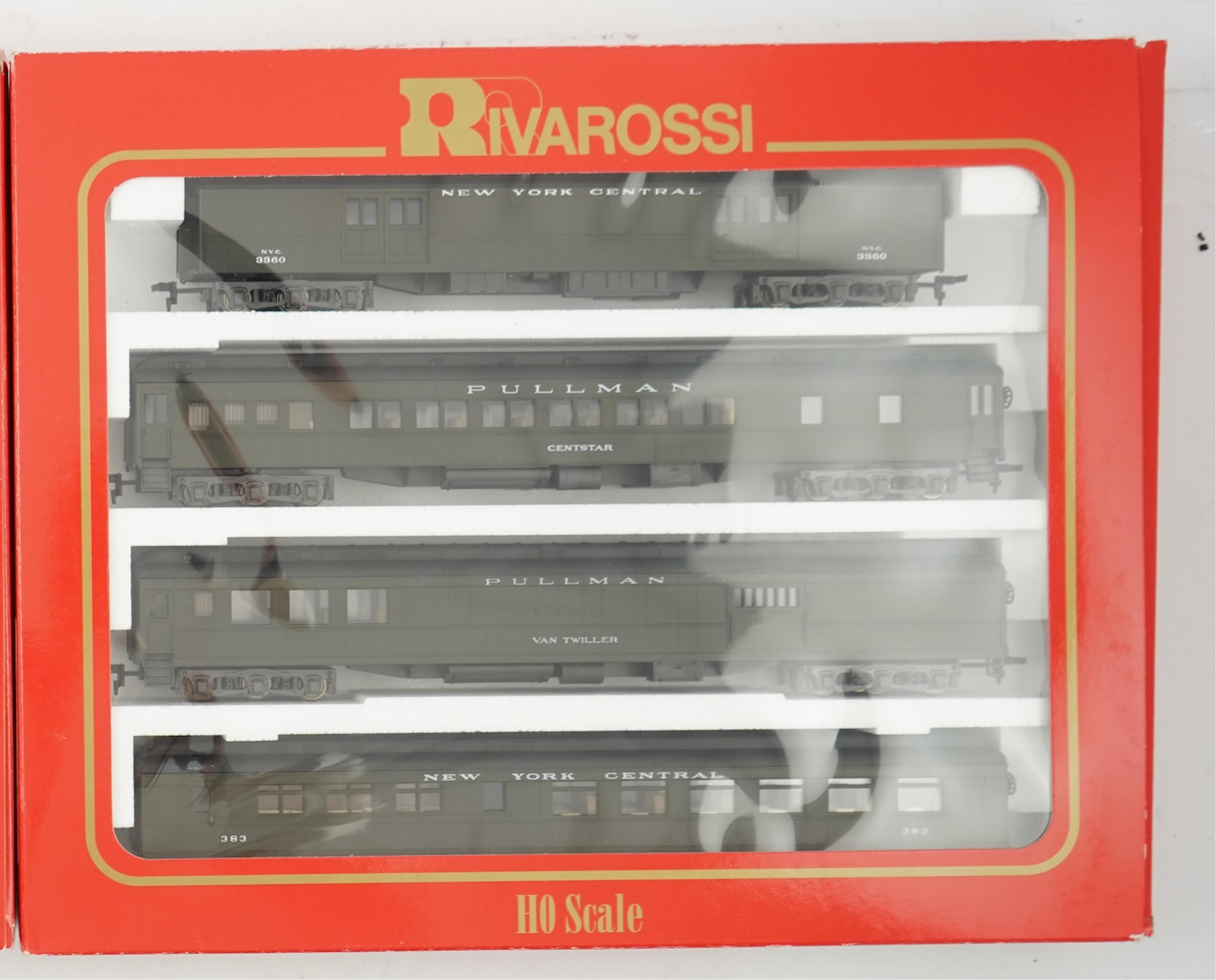 Two boxed Rivarossi 1920s New York Central Railroad coach packs; A Set (6924) and B Set (6925), both containing four coaches.